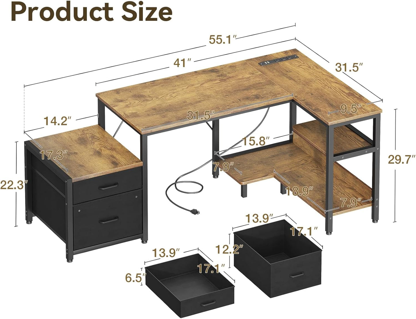 Casaottima L Shaped Desk with Drawers & File Cabinet, 55 Inch Computer Desk with Storage Shelves & CPU Stand, Corner Desk with Power Outlets, Reversible L Desk for Home Office, Rustic Brown