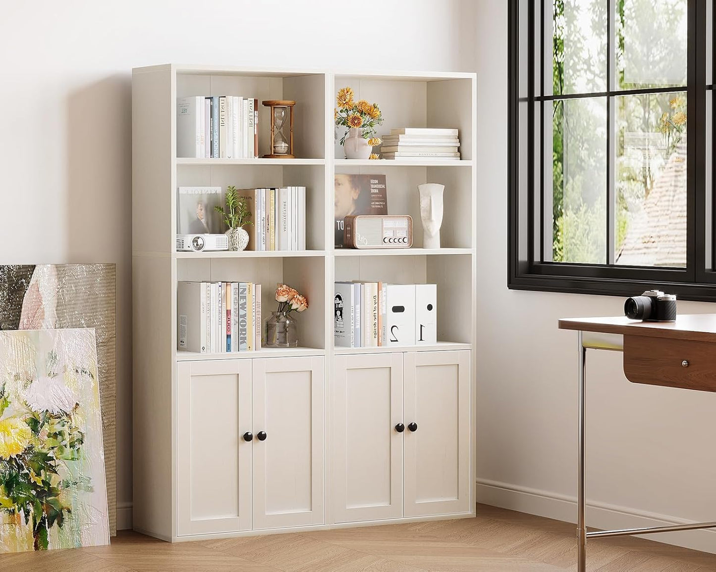 Casaottima Bookshelf and Bookcase with Doors, Floor Standing 5-Tier Shelf Display Storage Shelves, Tall Bookcases for Home Office, Living Room, White