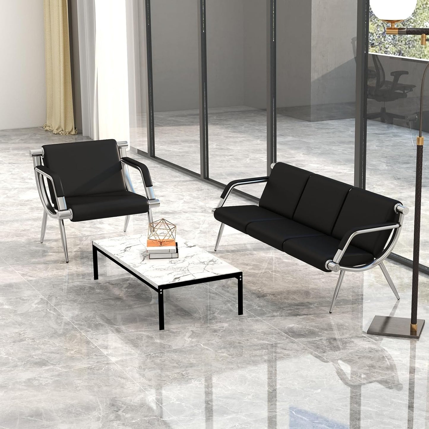 Kinpaw Waiting Room Chairs Reception Bench - Leather Office Chair with Padded Arms & Backrest, Heavy Duty, Black Comfy Conference Room Chairs for Meeting Conference, Office