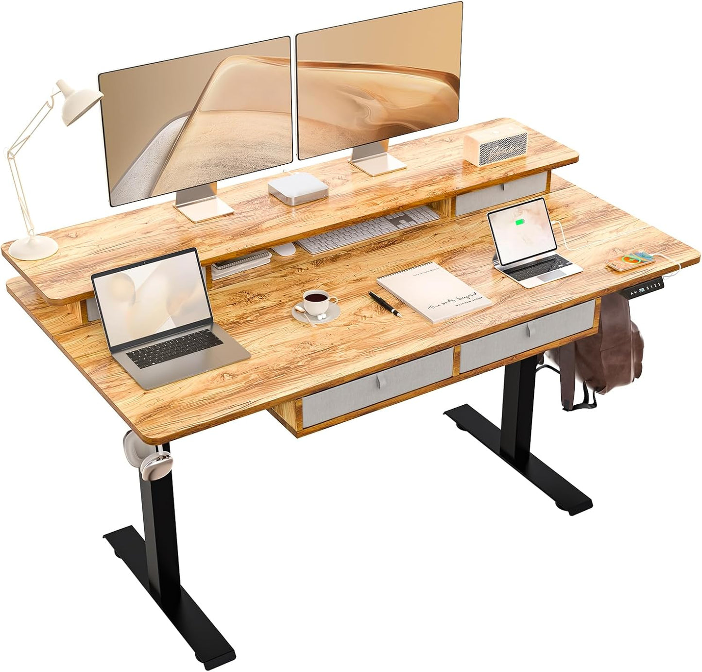 55 * 30 Inches Electric Standing Widened Desk Adjustable Height with 4 Drawers, Double Storage Shelves Stand Up Desk, Home Office Workstation Sit Stand up Desk (Rustic Brown)