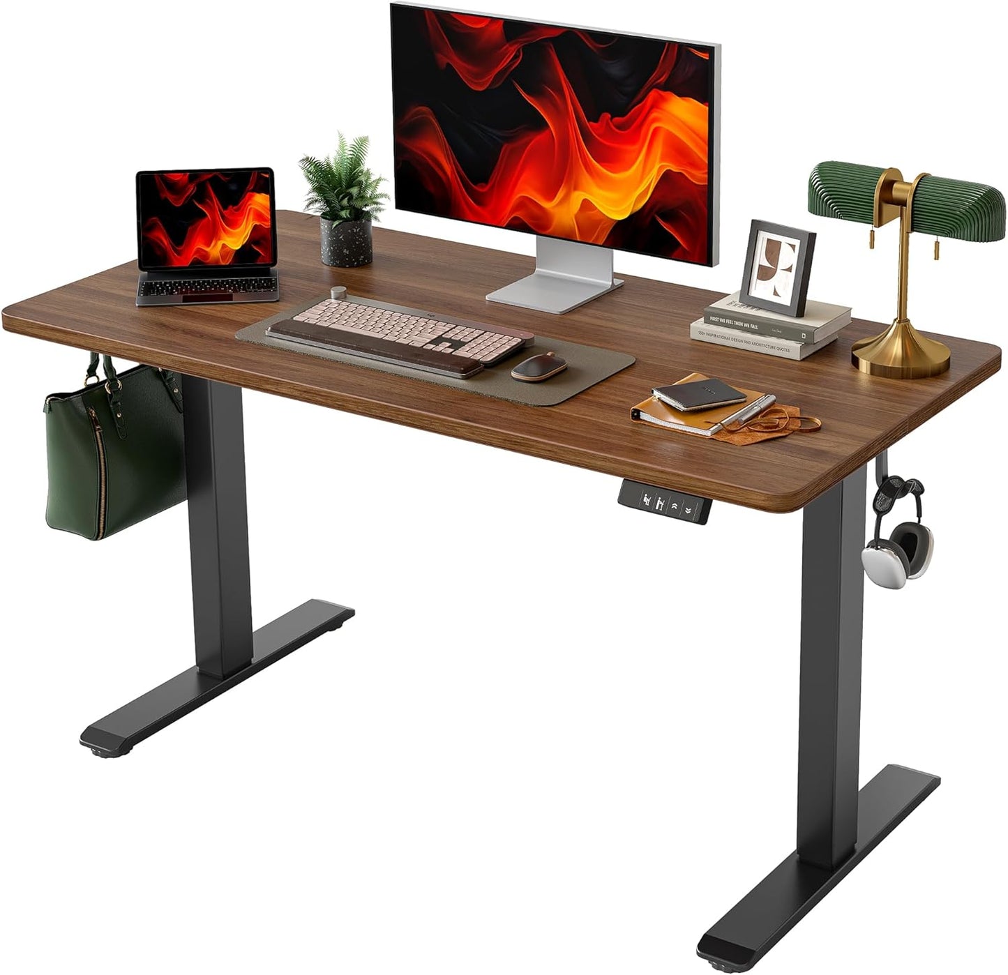 TIQLAB Height Adjustable Electric Standing Desk, 47 x 24 inch, Sit Stand Up Desk, Splice Board, Computer Home Office Desk, White Frame/Maple Top