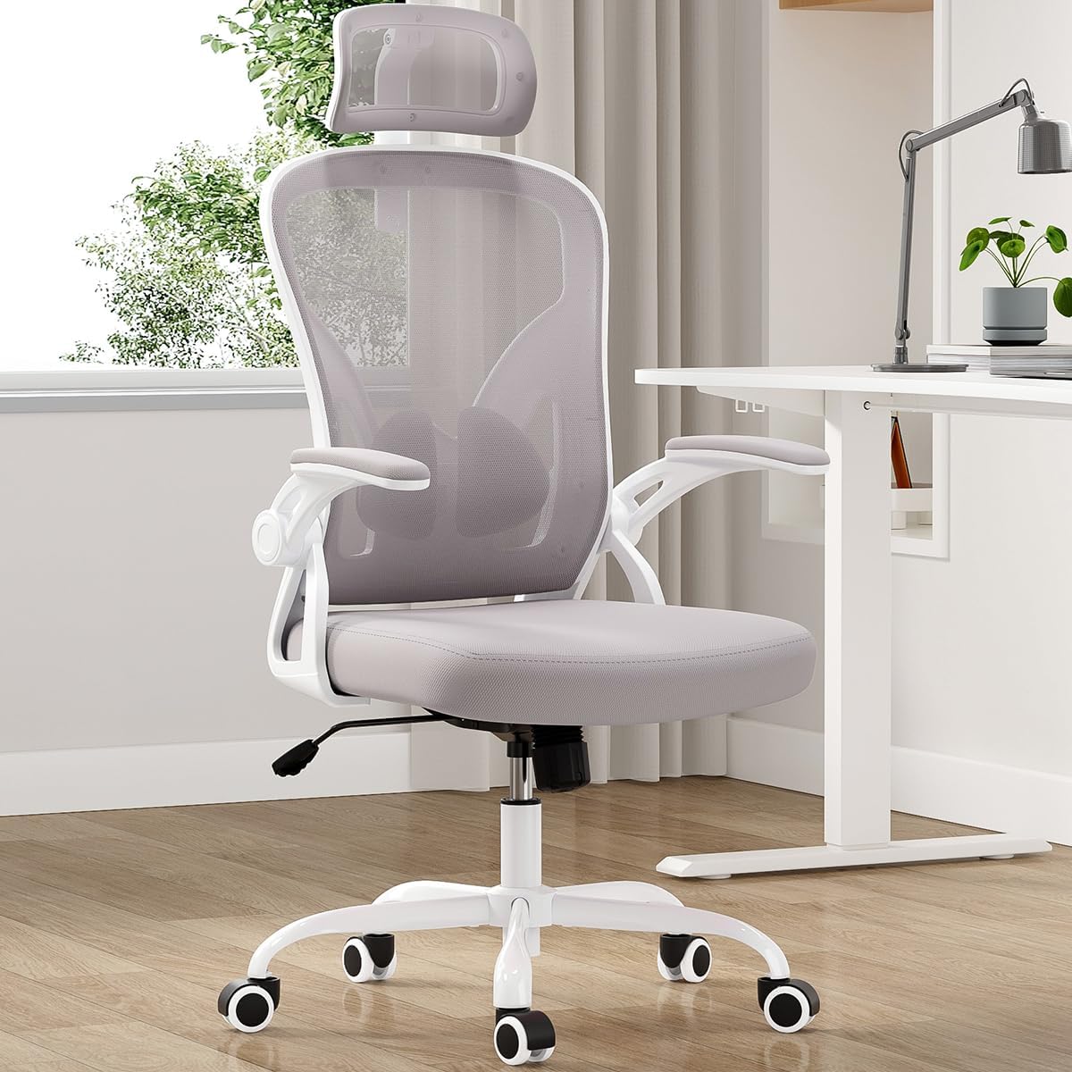 Farini Ergonomic Office Chair, Home Office Desk Chair with Headrest, High Back Computer Chair with Armrests and Adjustable Lumbar Support for Home Office Study Room, White & Khaki