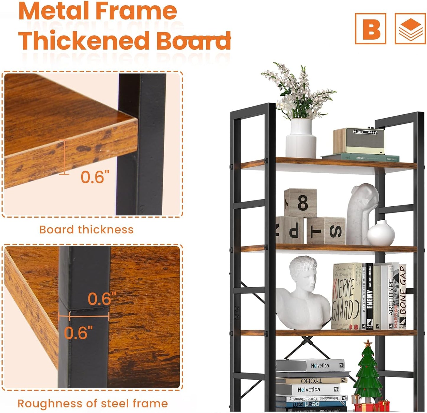 Sweetcrispy Book Shelf, 5 Tier Bookcase, Modern Tall Bookshelf for Garage Kit, CDs, Movies, Industrial Corner Storage Organizer for Bedroom Home Office Kitchen Living Room, Rustic Brown