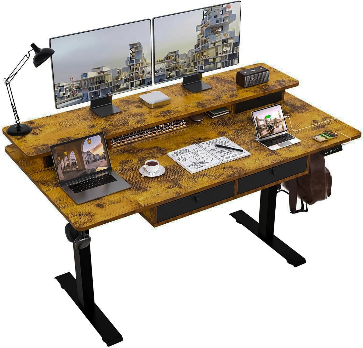 55 * 30 Inches Electric Standing Widened Desk Adjustable Height with 4 Drawers, Double Storage Shelves Stand Up Desk, Home Office Workstation Sit Stand up Desk (Rustic Brown)