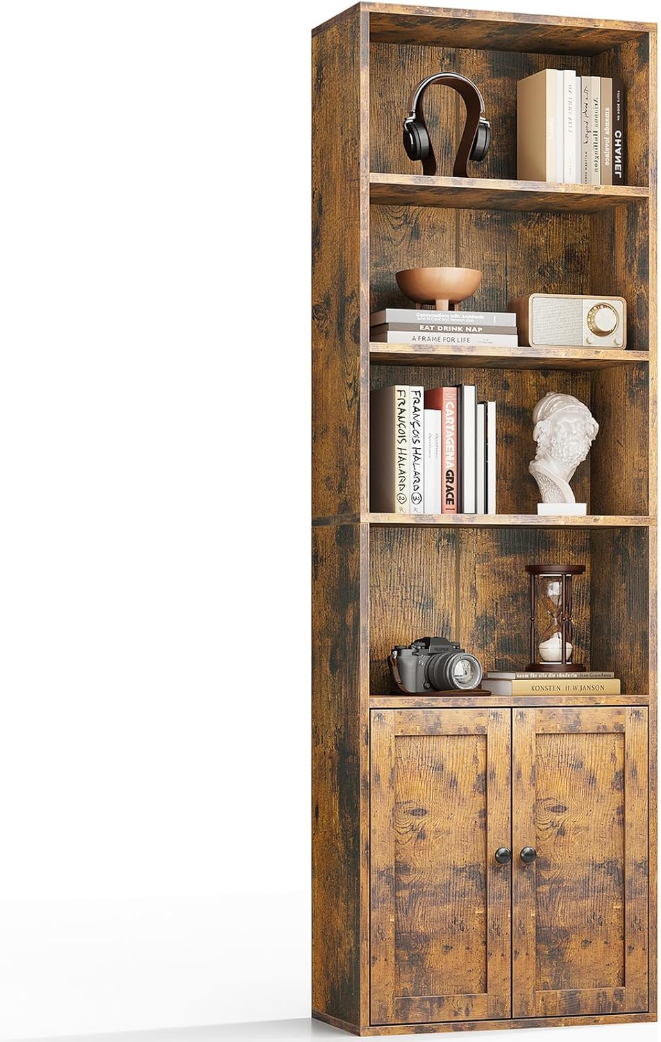 Casaottima Bookshelf and Bookcase with Doors, Floor Standing 5-Tier Shelf Display Storage Shelves, Tall Bookcases for Home Office, Living Room, White