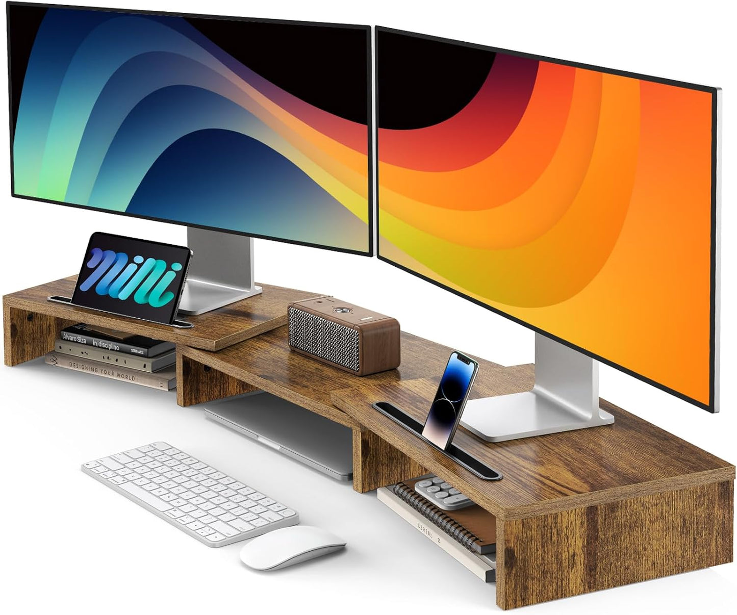 AMERIERGO Dual Monitor Stand Riser for 2 Monitors, Monitor Stand for Desk, Adjustable Computer Monitor Stand with 2 Slot, Multifunctional Desktop Organizer Stand for Laptop, PC, Computer, Printer