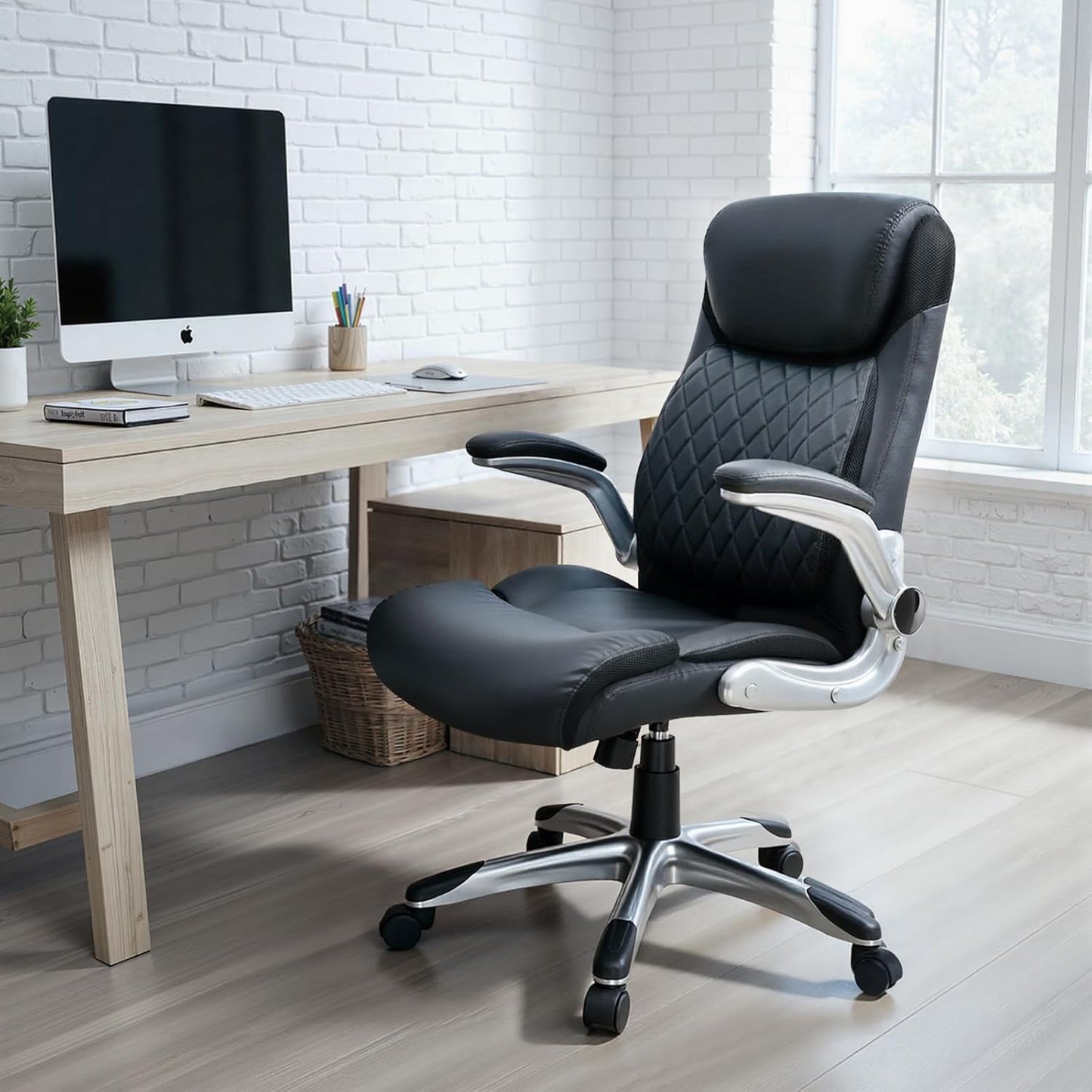COMHOMA Big and Tall Office Chair, High Back Leather Executive Chair with Pocket Spring Lumbar Support and Flip-up Armrests, Swivel Managerial Office Chair with Adjustable Height， Black