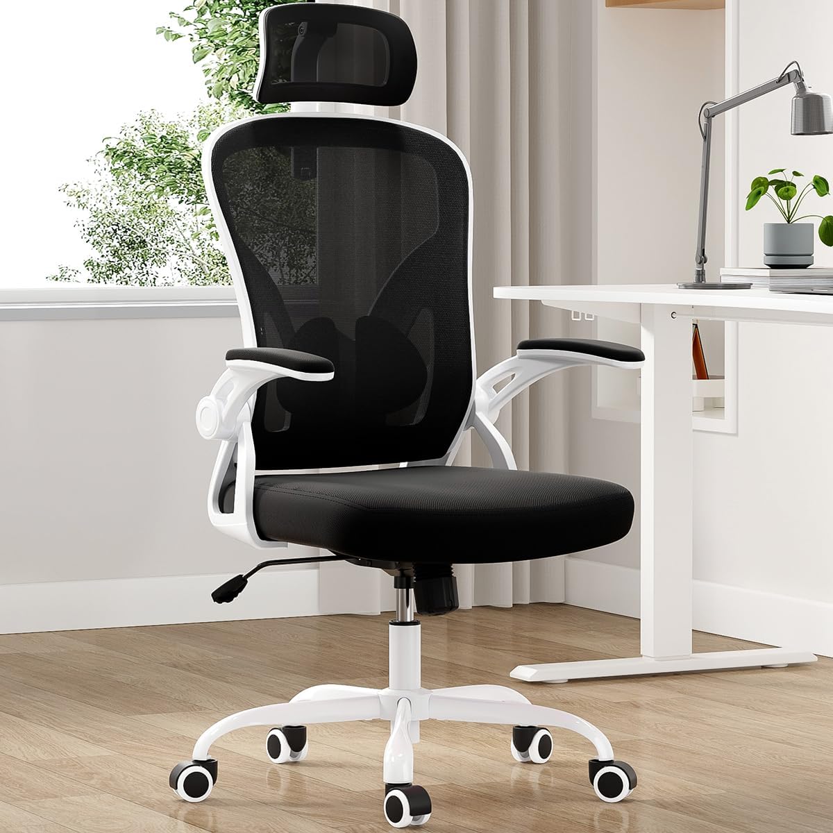 Farini Ergonomic Office Chair, Home Office Desk Chair with Headrest, High Back Computer Chair with Armrests and Adjustable Lumbar Support for Home Office Study Room, White & Khaki