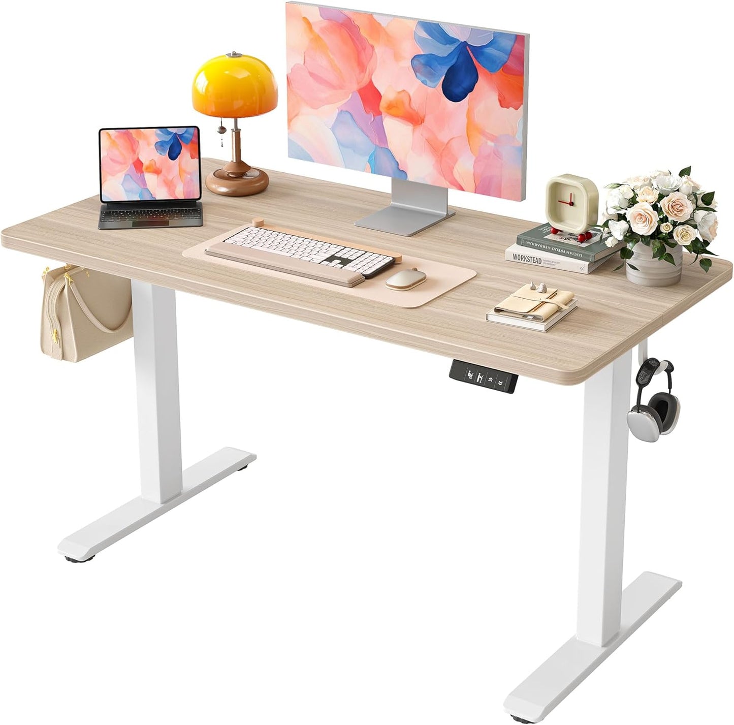 TIQLAB Height Adjustable Electric Standing Desk, 47 x 24 inch, Sit Stand Up Desk, Splice Board, Computer Home Office Desk, White Frame/Maple Top