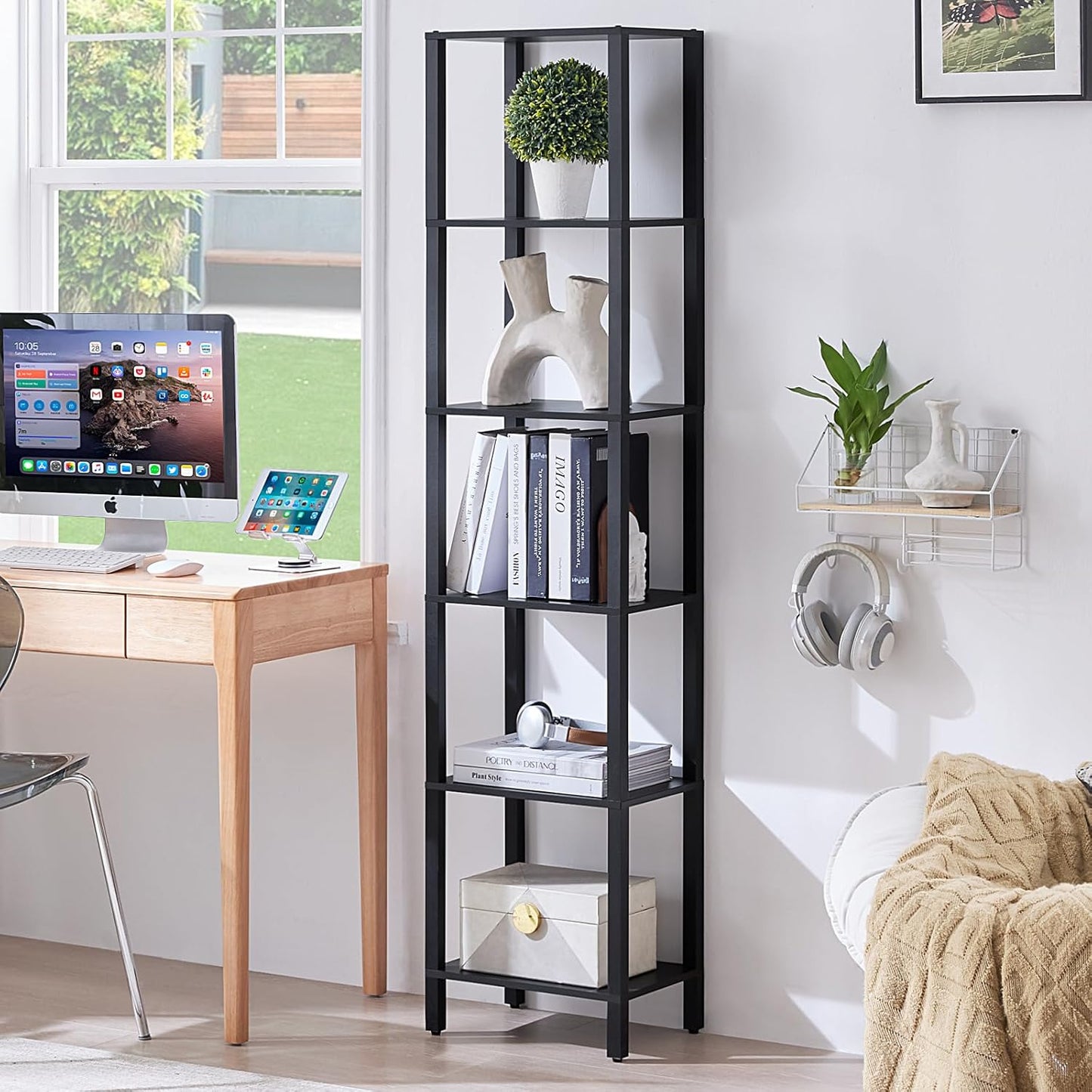 54in Tall Bookshelf 5-Tier Small Narrow Bookcase, Skinny Book Shelf for Small Space, Farmhouse Slim Shelf with Storage, Wood Freestanding Display Thin Bookshelves for Living Room, Office, White