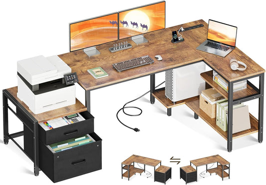 Casaottima L Shaped Desk with Drawers & File Cabinet, 55 Inch Computer Desk with Storage Shelves & CPU Stand, Corner Desk with Power Outlets, Reversible L Desk for Home Office, Rustic Brown