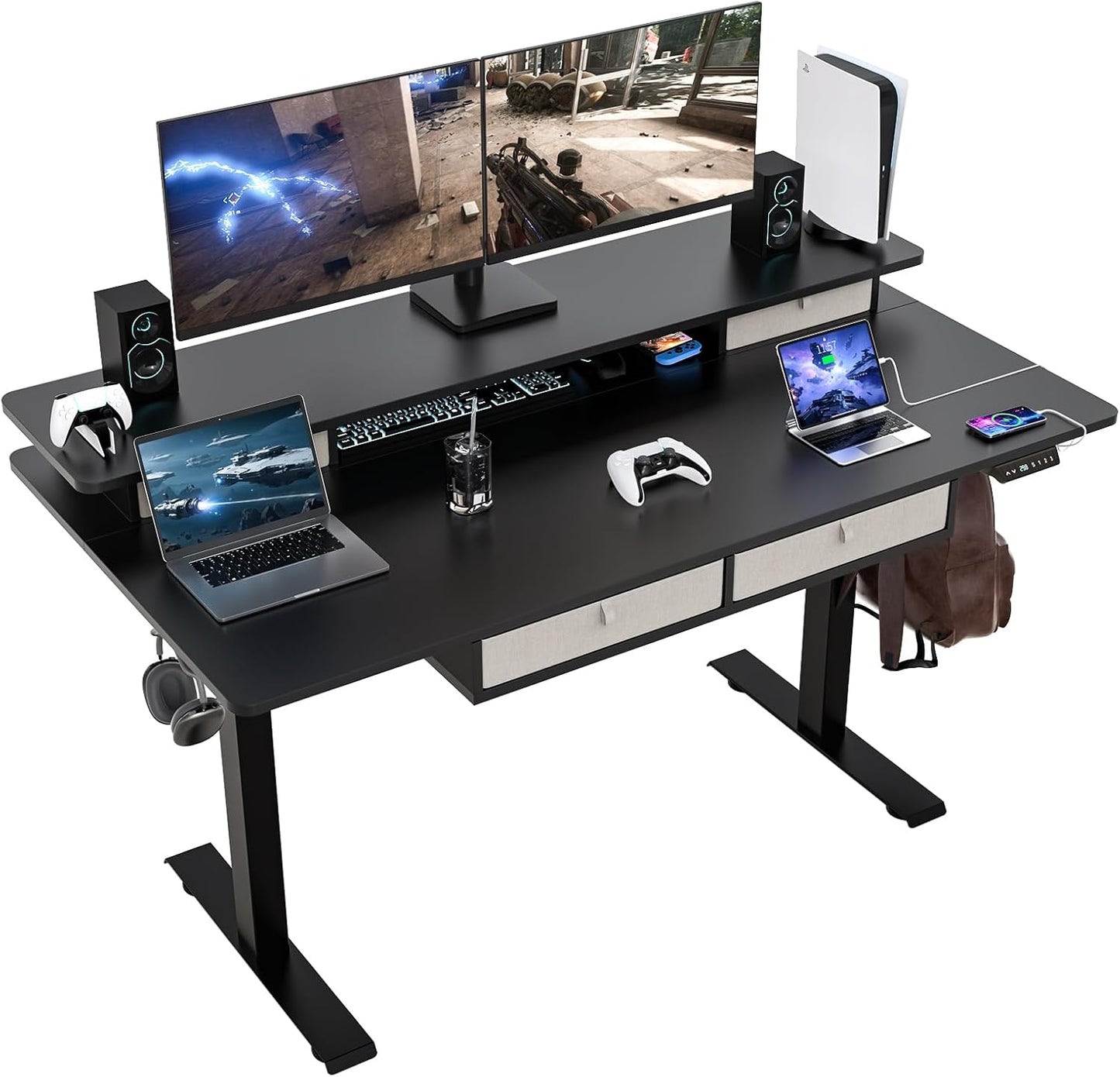 55 * 30 Inches Electric Standing Widened Desk Adjustable Height with 4 Drawers, Double Storage Shelves Stand Up Desk, Home Office Workstation Sit Stand up Desk (Rustic Brown)