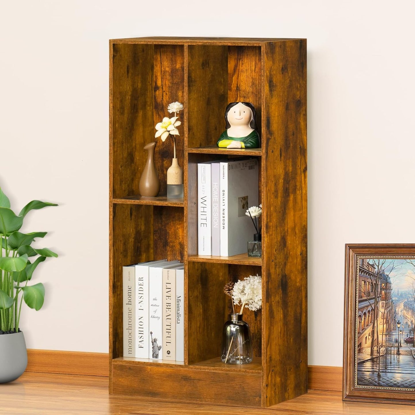 LEYAOYAO Cube Bookshelf 3 Tier Mid-Century Rustic Brown Modern Bookcase with Legs,Retro Wood Bookshelves Storage Organizer Shelf,Freestanding Open Book Shelves for Bedroom,Living Room,Office