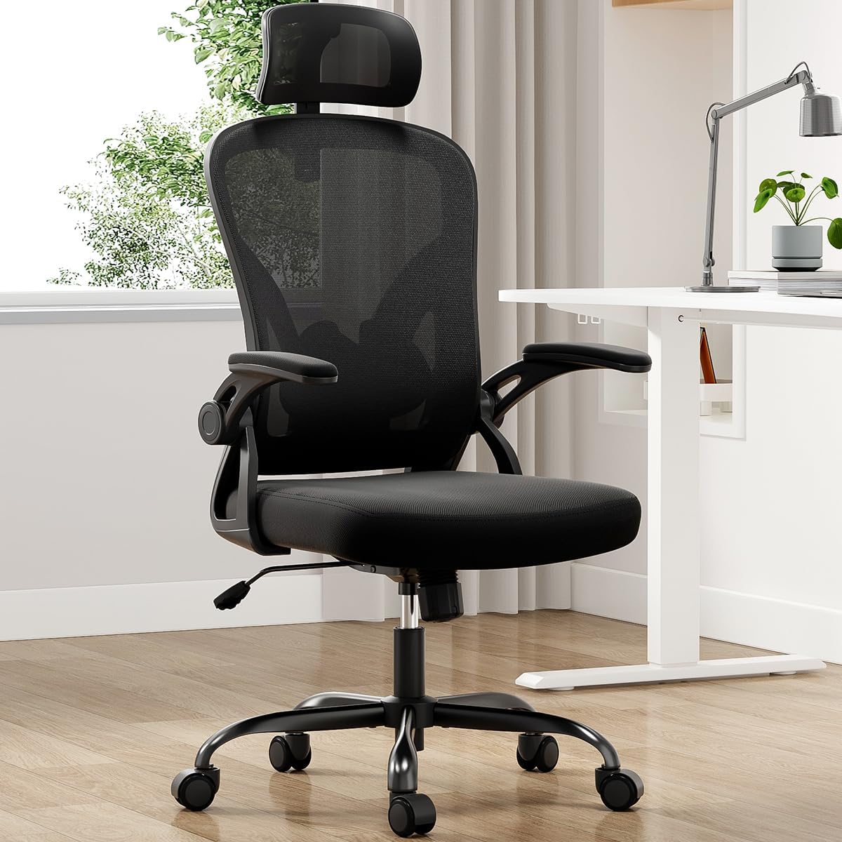 Farini Ergonomic Office Chair, Home Office Desk Chair with Headrest, High Back Computer Chair with Armrests and Adjustable Lumbar Support for Home Office Study Room, White & Khaki