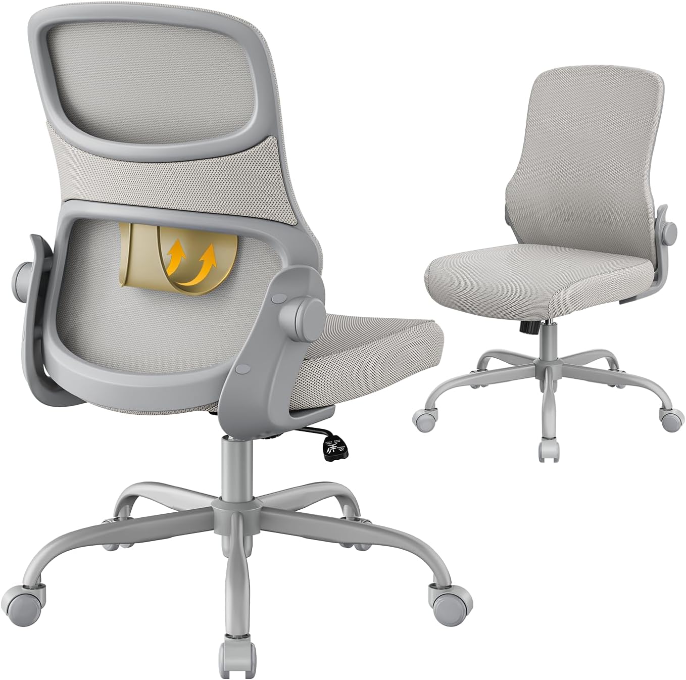 Office Chair, Mesh Ergonomic Desk Chairs, Lumbar Support, Adjustable Height, Flip-up Armrests, Swivel Function and Smooth-Rolling Wheels for Home, Office and Gaming (Gray)