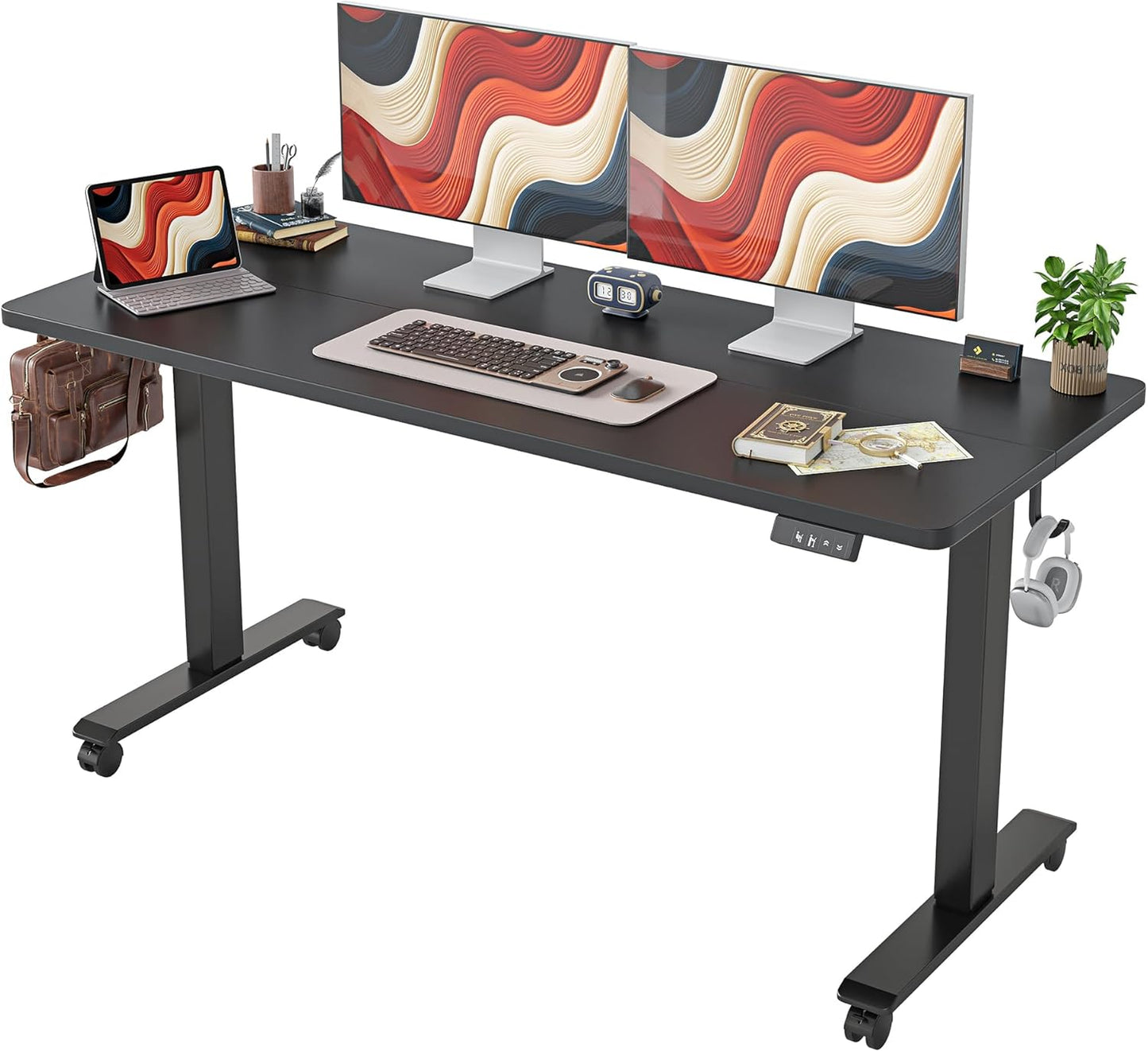 TIQLAB Height Adjustable Electric Standing Desk, 47 x 24 inch, Sit Stand Up Desk, Splice Board, Computer Home Office Desk, White Frame/Maple Top