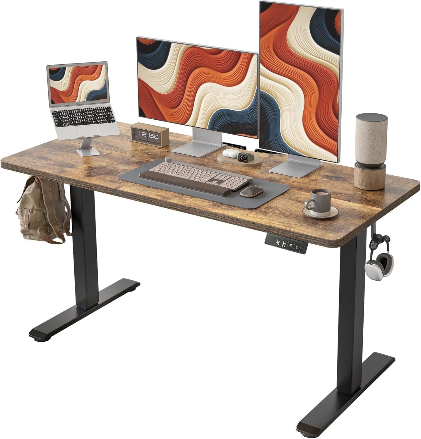 TIQLAB Height Adjustable Electric Standing Desk, 47 x 24 inch, Sit Stand Up Desk, Splice Board, Computer Home Office Desk, White Frame/Maple Top