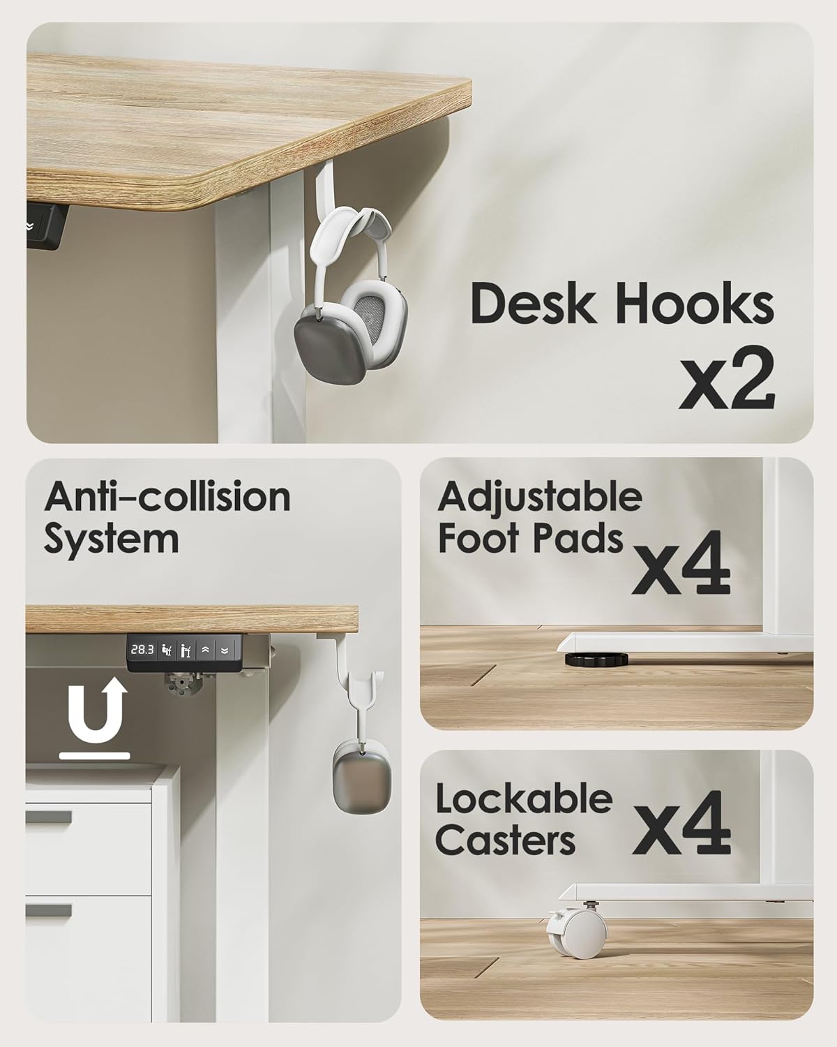 TIQLAB Height Adjustable Electric Standing Desk, 47 x 24 inch, Sit Stand Up Desk, Splice Board, Computer Home Office Desk, White Frame/Maple Top