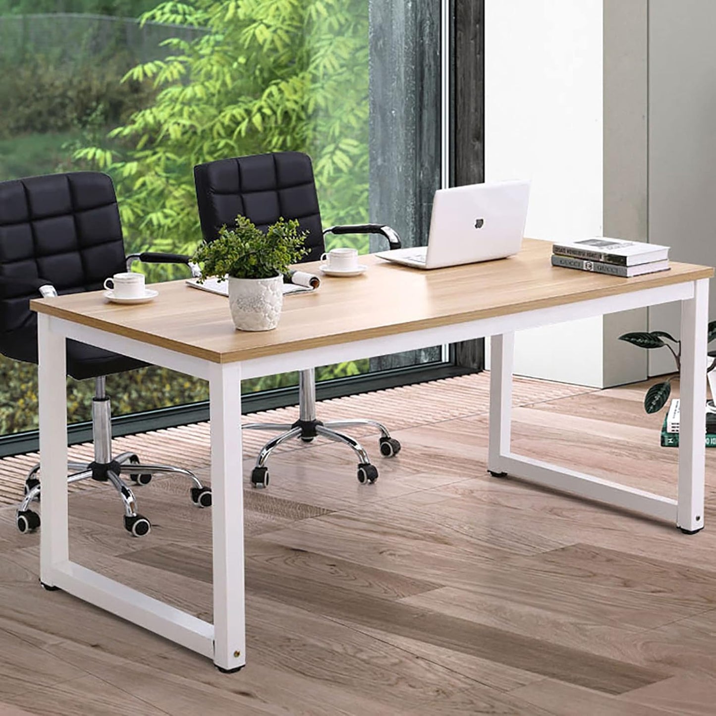 NSdirect Large Office Desk for Home Office, Large 63" Computer Desk Table, Wide Writing Study Desk for 2 Person, Metal Sturdy Frame Thicker Steel Legs, (White Oak, 63"L x 23.6"W x 29.5"H)