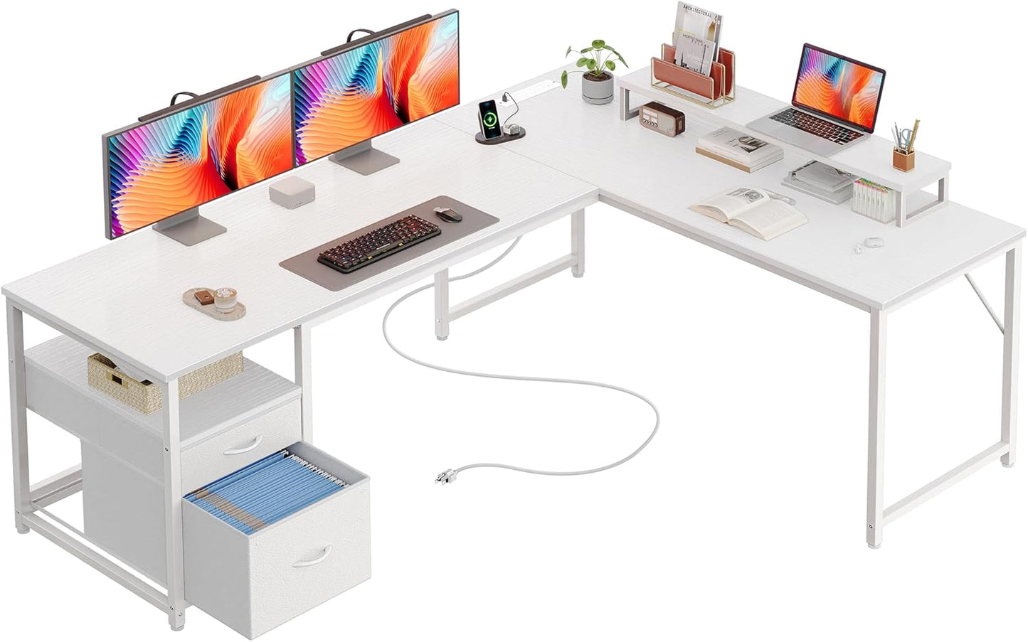 PRAISUN 63 Inch L Shaped Desk with Power Outlets and USB-C Port, Computer Corner Home Office Desk with File Fabric Drawers and Movable Monitor Stand, Larger Storage, Gaming, Writing, Rustic Brown