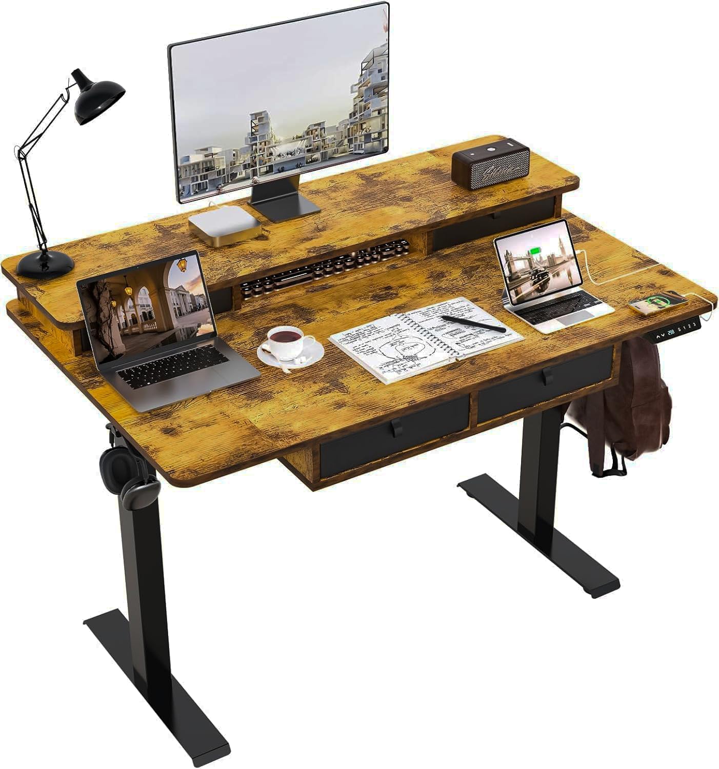 55 * 30 Inches Electric Standing Widened Desk Adjustable Height with 4 Drawers, Double Storage Shelves Stand Up Desk, Home Office Workstation Sit Stand up Desk (Rustic Brown)