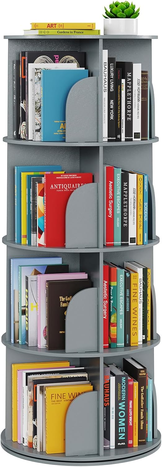 SpaceAid 4 Tier Rotating Bookshelf Tower, Spinning Bookcase Lazy Susan, Revolving 360 Book Shelf Storage Round Carousel, Vertical Rotate Turning Spiral Corner Organizer, White