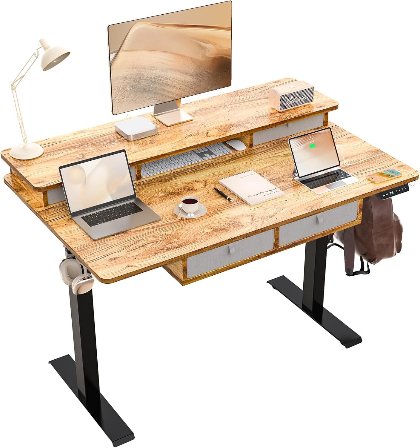 55 * 30 Inches Electric Standing Widened Desk Adjustable Height with 4 Drawers, Double Storage Shelves Stand Up Desk, Home Office Workstation Sit Stand up Desk (Rustic Brown)