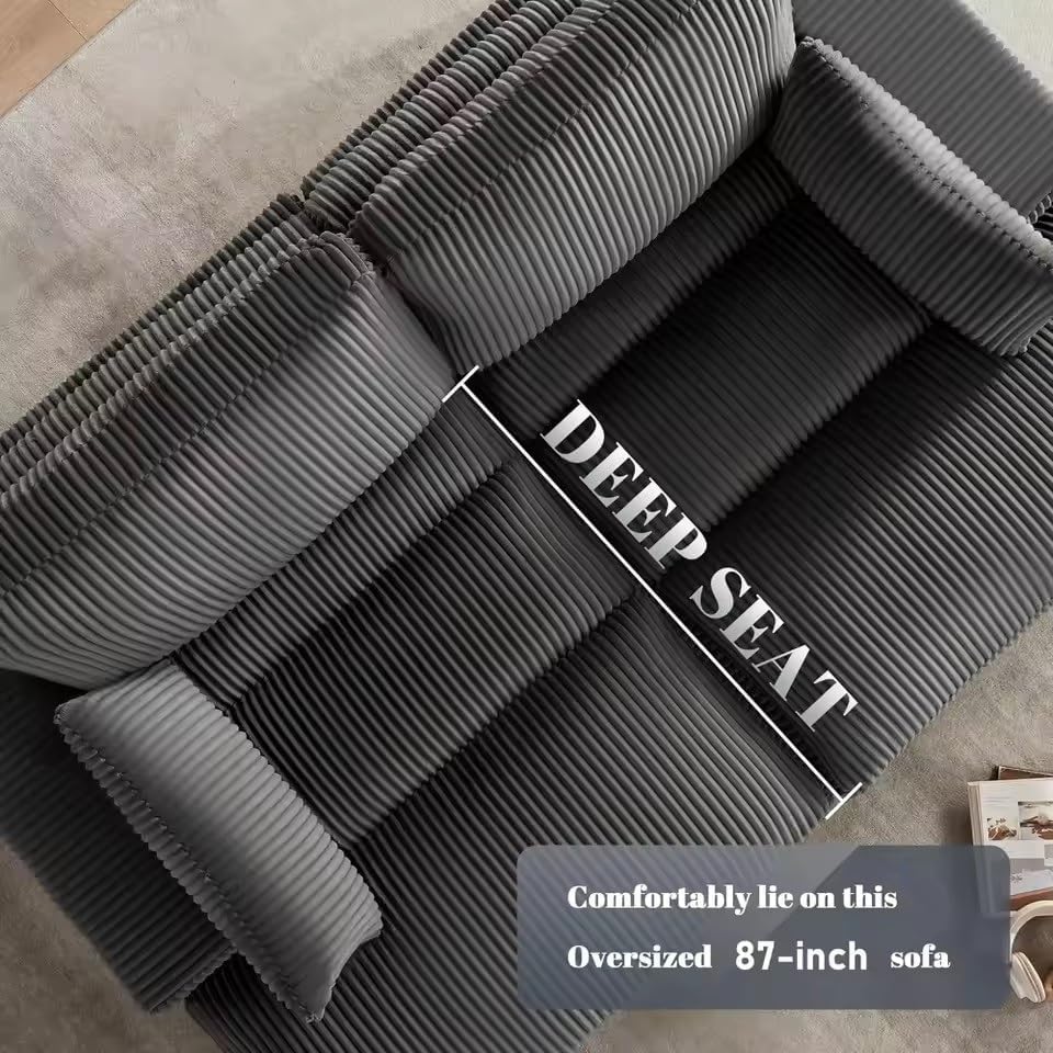 Oversized Chaise Lounge Sofa Chair Indoor 87" Upholstered Plush Corduroy Boneless Lounge Couch with Throw Pillows
