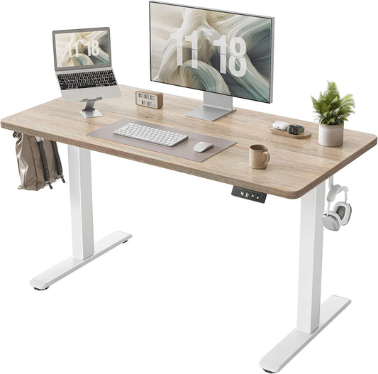TIQLAB Height Adjustable Electric Standing Desk, 47 x 24 inch, Sit Stand Up Desk, Splice Board, Computer Home Office Desk, White Frame/Maple Top