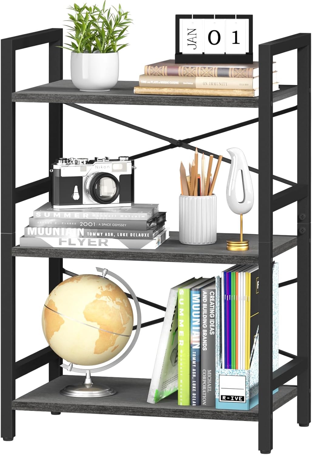 Yoobure 4 Tier Bookshelf - Small Book Shelf Industrial Bookcase, Narrow Book Case Book Storage Organizer for CD/Movie/Book, Bookshelves for Bedroom Office Living Room Berry Brown