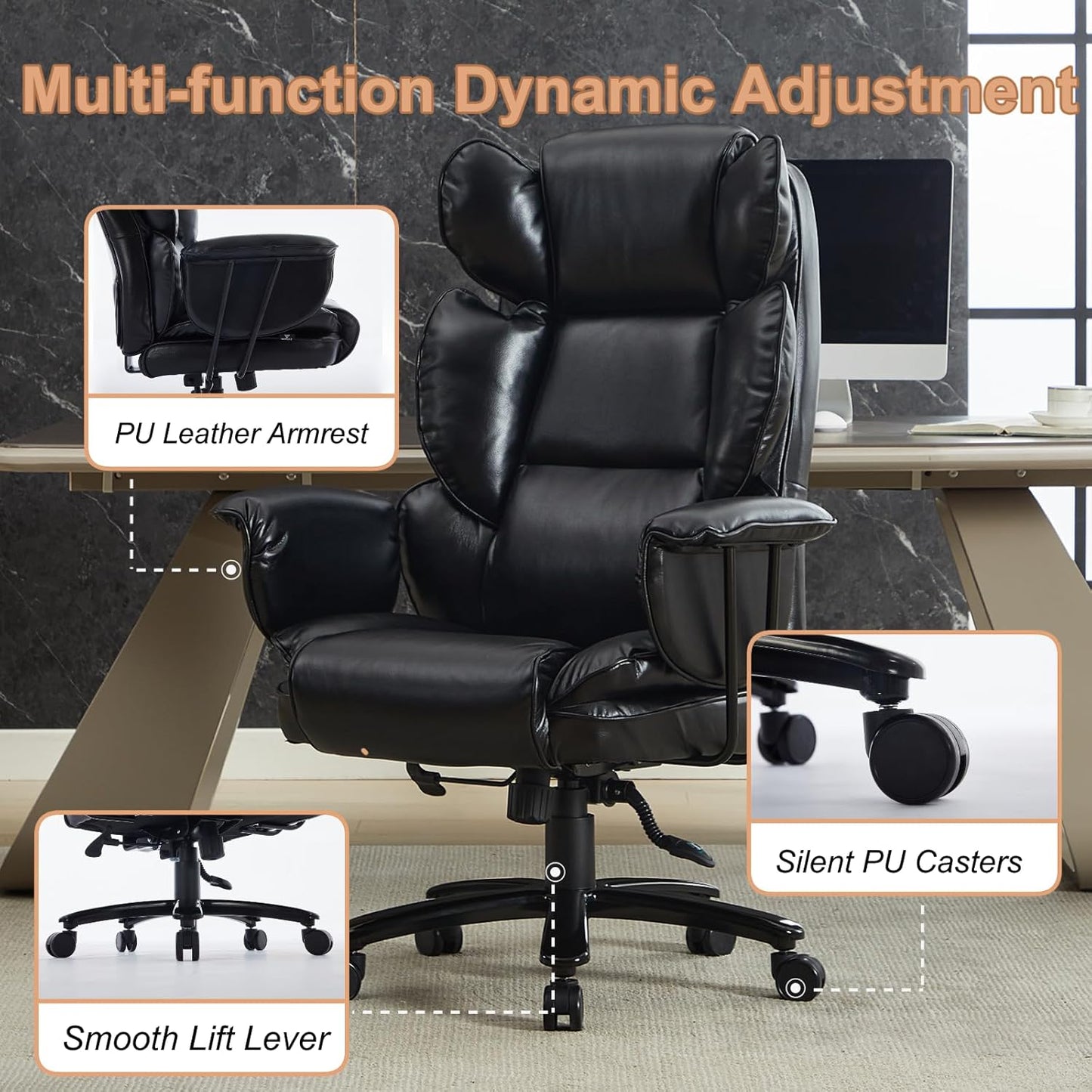 Big and Tall Office Chair, 500 lb. Wide Seat, Ergonomic with Lumbar Support for Low Back Pain Relief, Heavy Duty Office Chair with Clamshell Armrests and Extended Seat (Black)