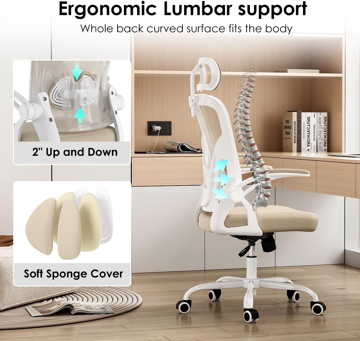 Farini Ergonomic Office Chair, Home Office Desk Chair with Headrest, High Back Computer Chair with Armrests and Adjustable Lumbar Support for Home Office Study Room, White & Khaki