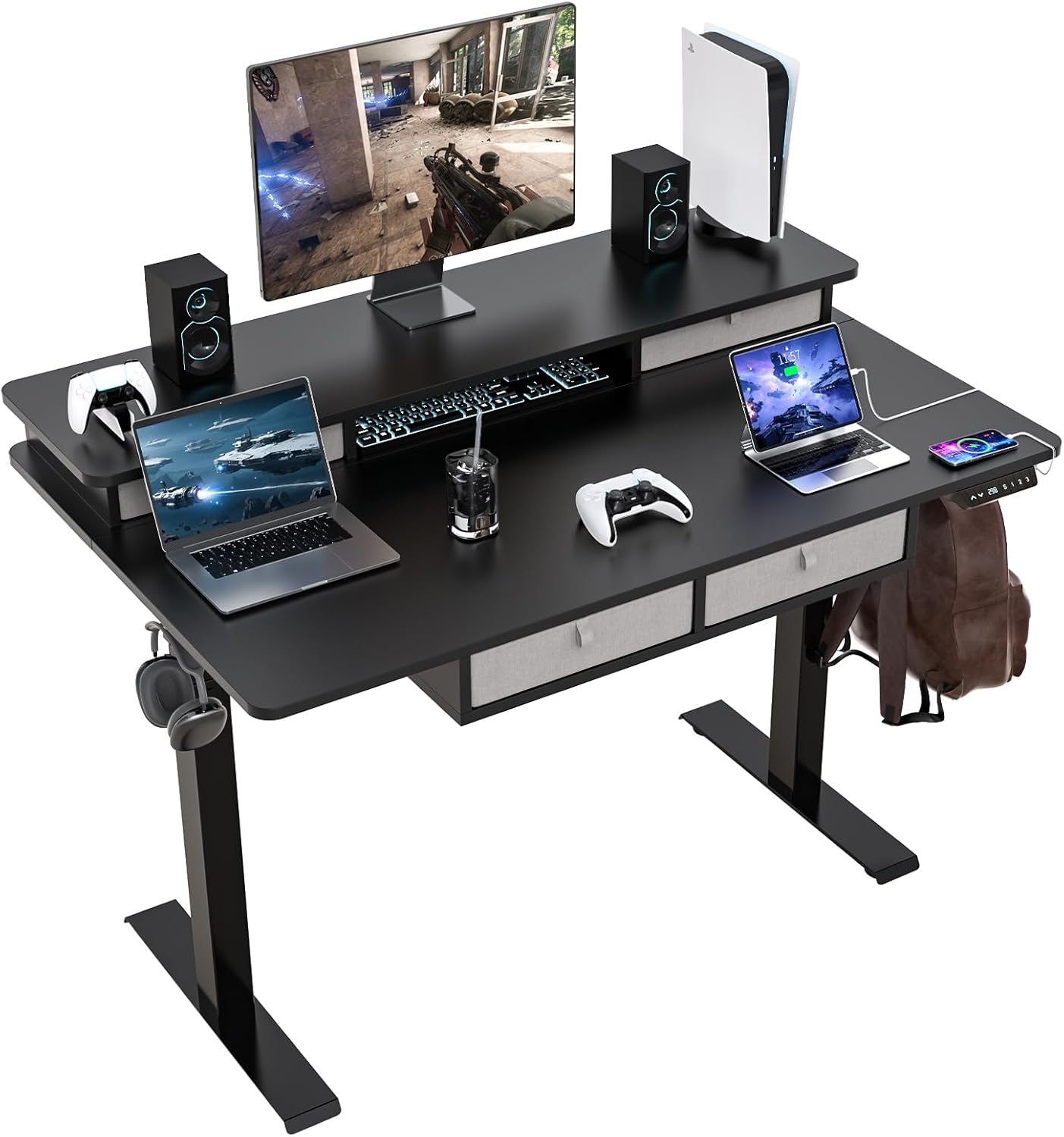 55 * 30 Inches Electric Standing Widened Desk Adjustable Height with 4 Drawers, Double Storage Shelves Stand Up Desk, Home Office Workstation Sit Stand up Desk (Rustic Brown)
