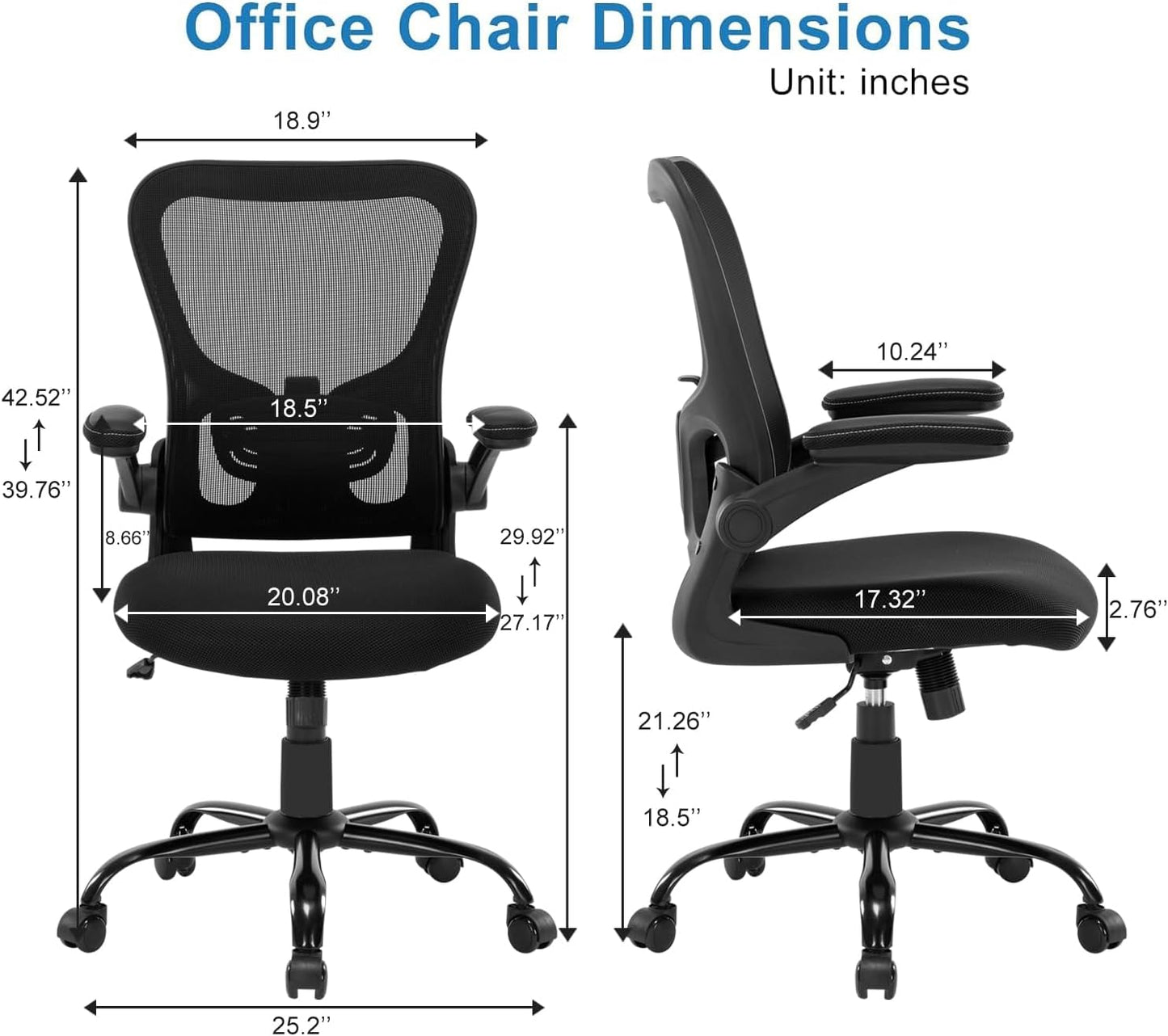 Office Chair Ergonomic Desk Chair Mesh Computer Home Office Desk Chair with Adjustable Lumbar Support Flip-up Armrests, 360 Swivel Comfy Task Executive Chair, Black