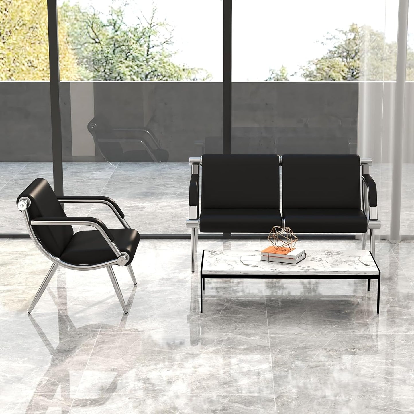 Kinpaw Waiting Room Chairs Reception Bench - Leather Office Chair with Padded Arms & Backrest, Heavy Duty, Black Comfy Conference Room Chairs for Meeting Conference, Office