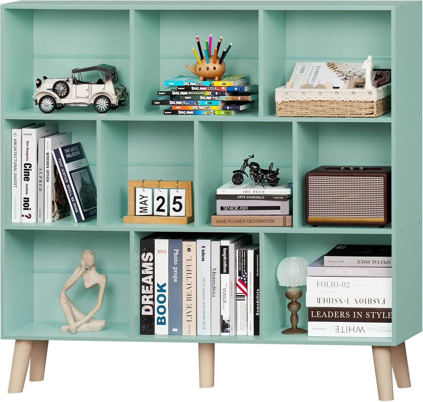 LEYAOYAO Cube Bookshelf 3 Tier Mid-Century Rustic Brown Modern Bookcase with Legs,Retro Wood Bookshelves Storage Organizer Shelf,Freestanding Open Book Shelves for Bedroom,Living Room,Office
