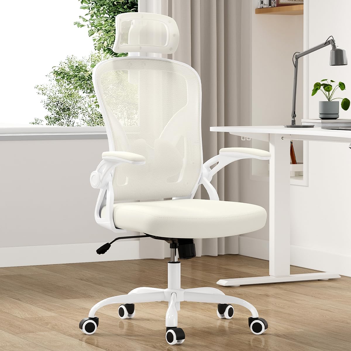 Farini Ergonomic Office Chair, Home Office Desk Chair with Headrest, High Back Computer Chair with Armrests and Adjustable Lumbar Support for Home Office Study Room, White & Khaki
