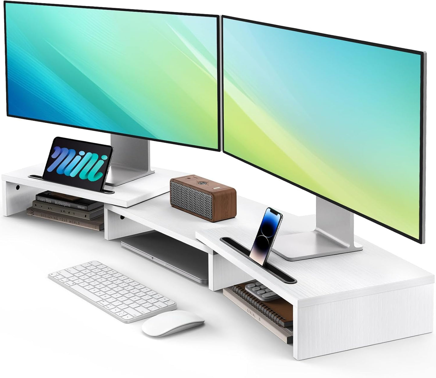 AMERIERGO Dual Monitor Stand Riser for 2 Monitors, Monitor Stand for Desk, Adjustable Computer Monitor Stand with 2 Slot, Multifunctional Desktop Organizer Stand for Laptop, PC, Computer, Printer