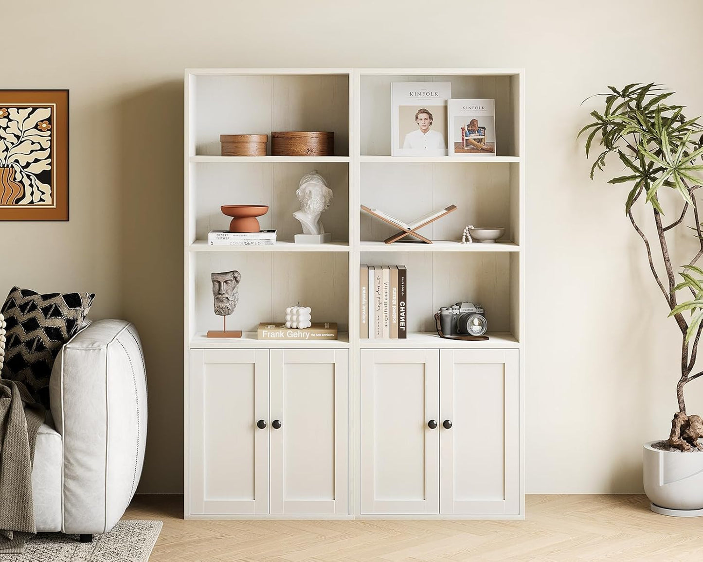 Casaottima Bookshelf and Bookcase with Doors, Floor Standing 5-Tier Shelf Display Storage Shelves, Tall Bookcases for Home Office, Living Room, White