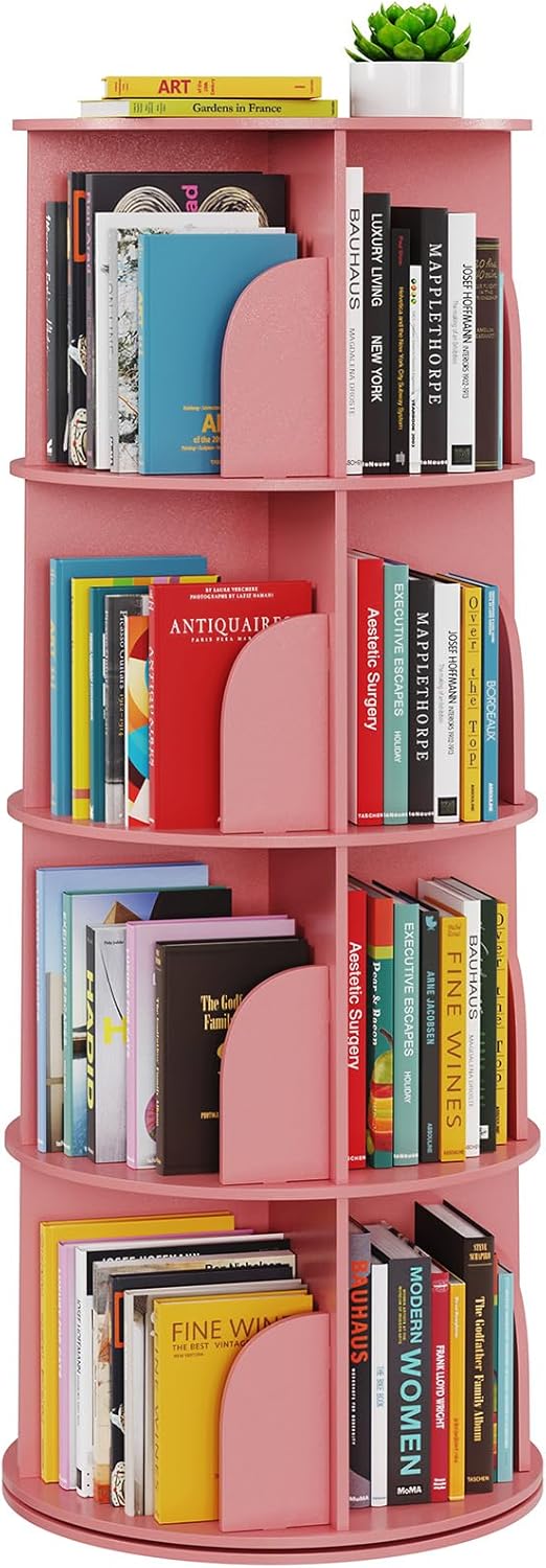 SpaceAid 4 Tier Rotating Bookshelf Tower, Spinning Bookcase Lazy Susan, Revolving 360 Book Shelf Storage Round Carousel, Vertical Rotate Turning Spiral Corner Organizer, White