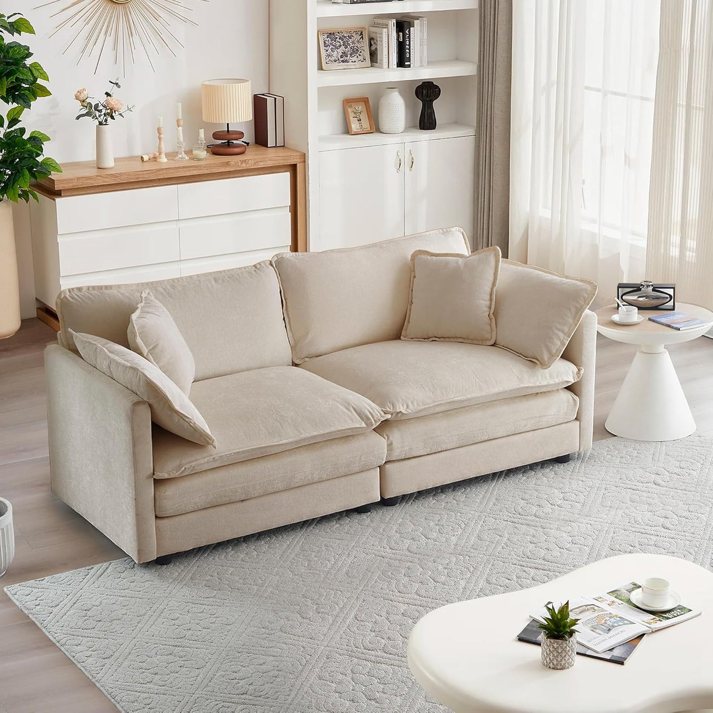mikibama Luxury Loveseat Sofa Couch, 76" Modern Chenille Deep 2-Seater Cloud Couch with 2 Armrest Pillows and 2 Toss Pillows, Love Seat for Living Room Bedroom Office Apartment, Beige