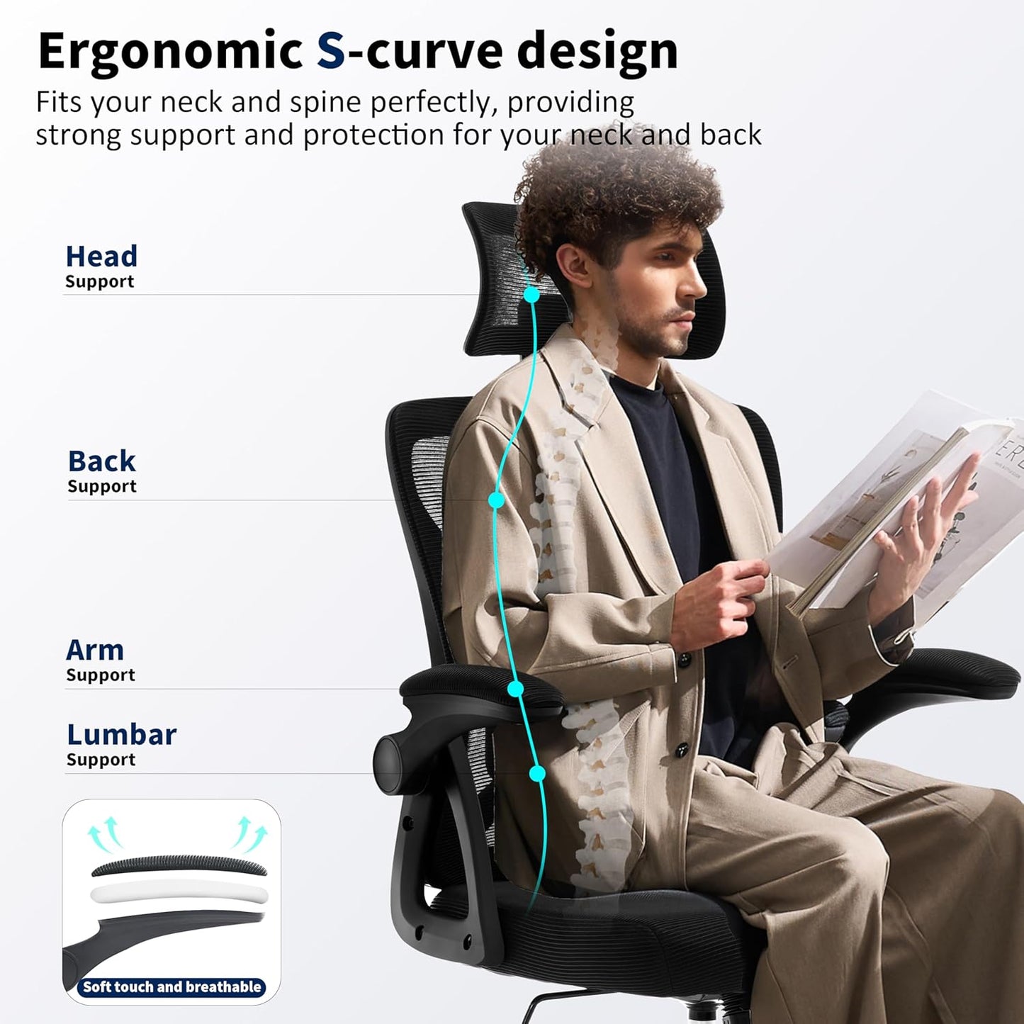 Office Chair,Ergonomic Desk Chair with Adjustable Lumbar Support,400 Lbs Mesh Computer Chair High Back with Headrest for Home Office (Black)