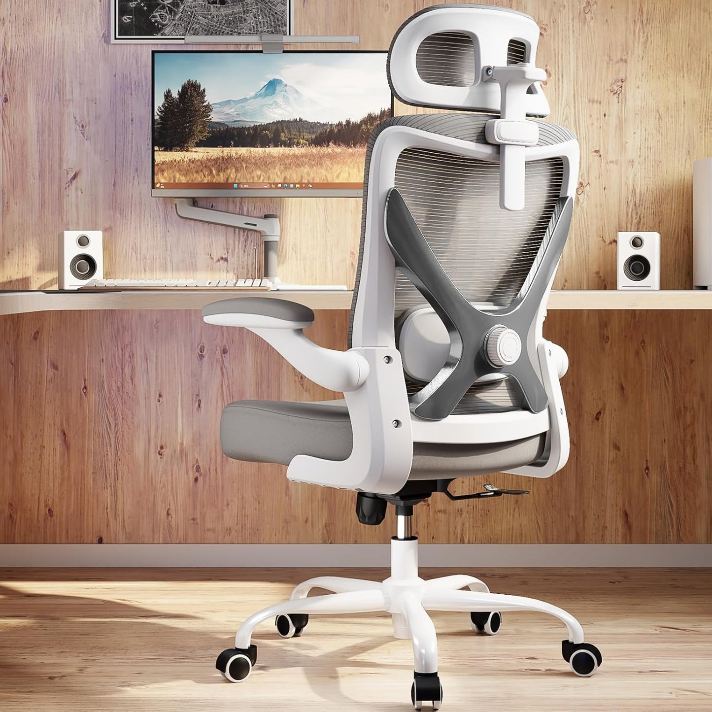 Ergonomic Office Chair - X-Shaped Computer Desk Chair Comfy, Gaming Chair, Office Chair with Lumbar Support, Mesh Office Chairs with Headrests, Desk Chair for Long Hours (White Beige)