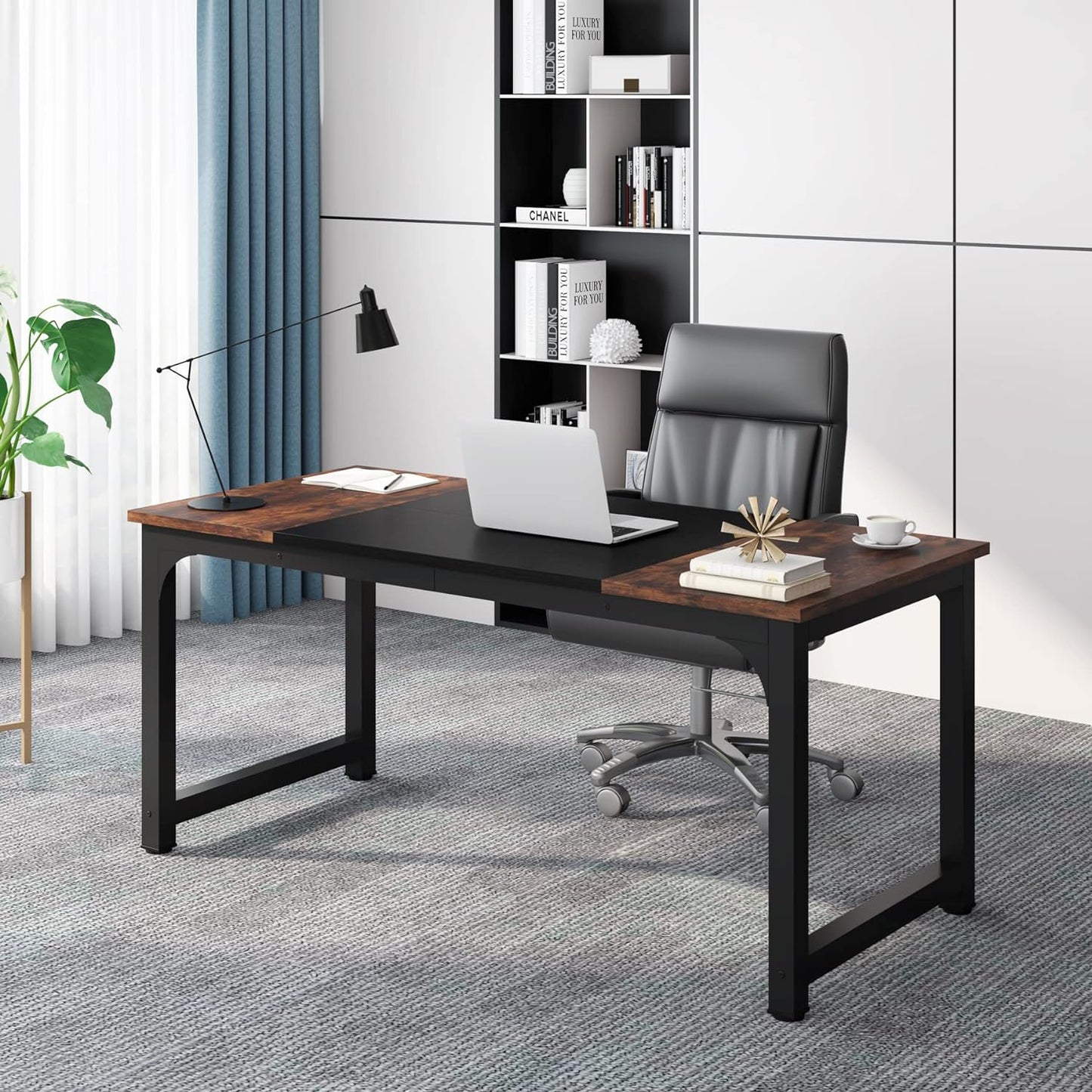 Tribesigns 63” Executive Desk, Large Office Computer Desk with Thicken Frame, Modern Simple Workstation Business Furniture for Home Office, Rustic Brown/Black, 63'' W x 23.6'' D