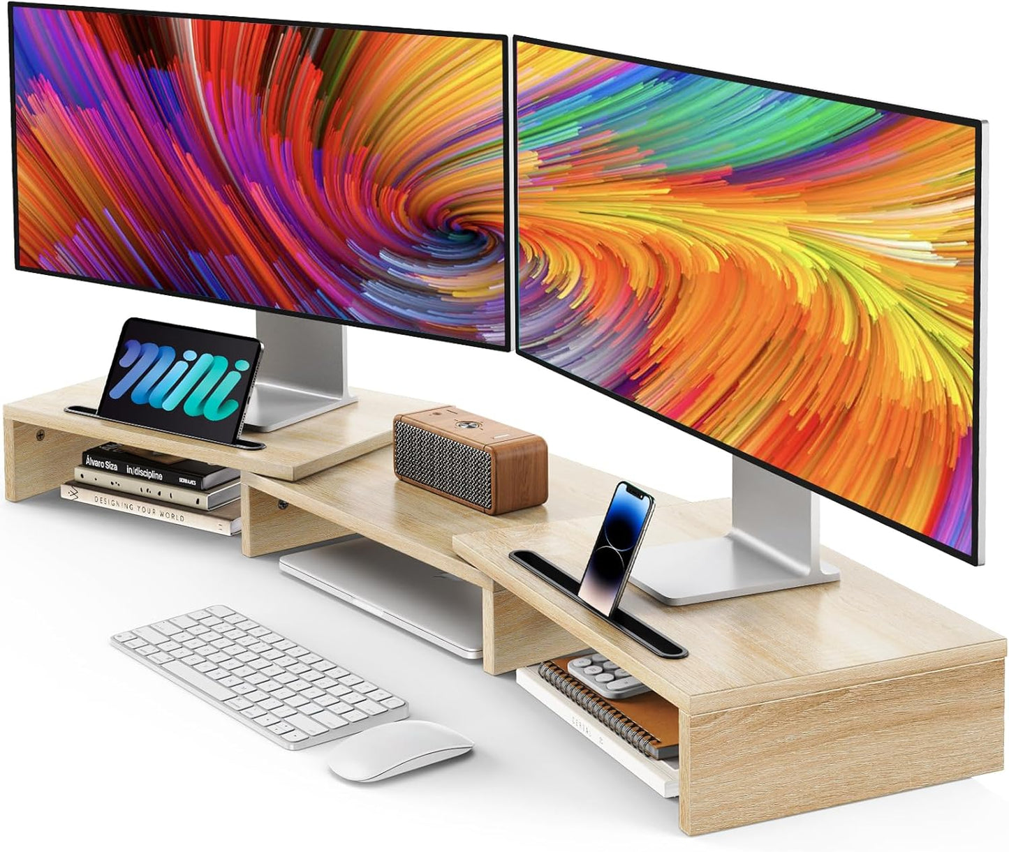 AMERIERGO Dual Monitor Stand Riser for 2 Monitors, Monitor Stand for Desk, Adjustable Computer Monitor Stand with 2 Slot, Multifunctional Desktop Organizer Stand for Laptop, PC, Computer, Printer