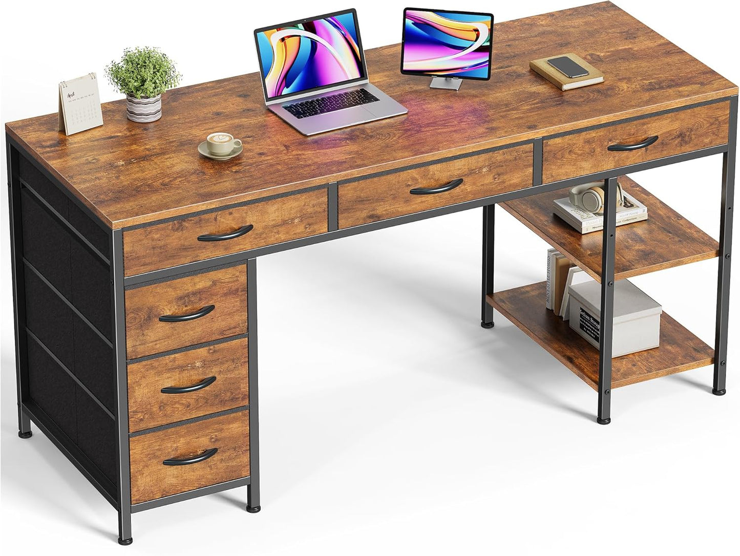 Huuger Computer Desk with 6 Drawers, 47 Inch Office Desk with Shelves, Reversible Gaming Desk, Corner Desk with Storage, Work for Home Office, Study, Living Room, Rustic Brown