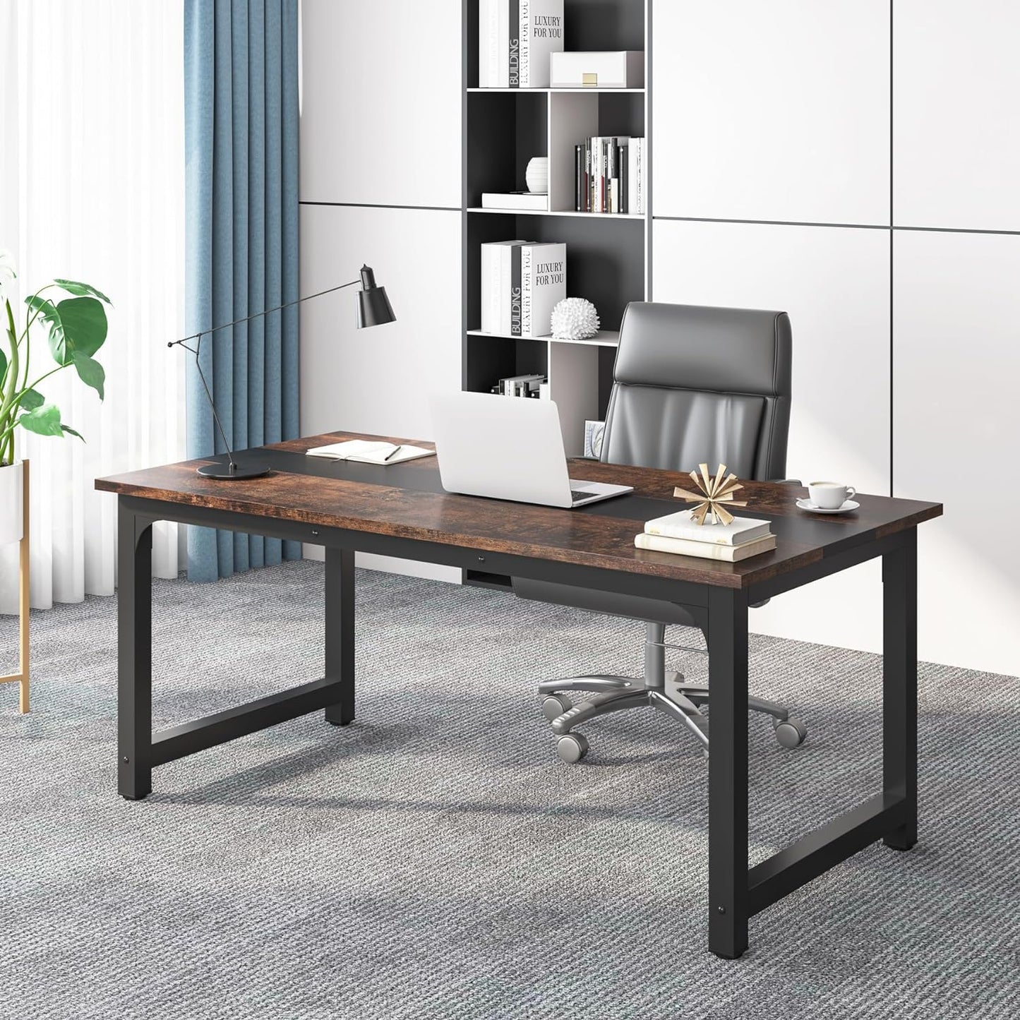 Tribesigns 63” Executive Desk, Large Office Computer Desk with Thicken Frame, Modern Simple Workstation Business Furniture for Home Office, Rustic Brown/Black, 63'' W x 23.6'' D