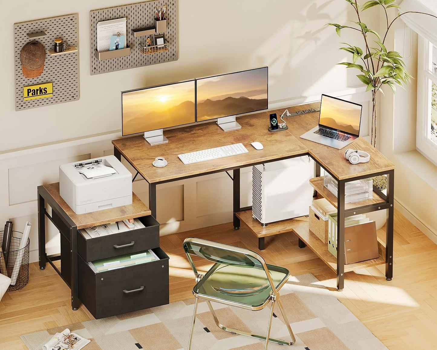 Casaottima L Shaped Desk with Drawers & File Cabinet, 55 Inch Computer Desk with Storage Shelves & CPU Stand, Corner Desk with Power Outlets, Reversible L Desk for Home Office, Rustic Brown