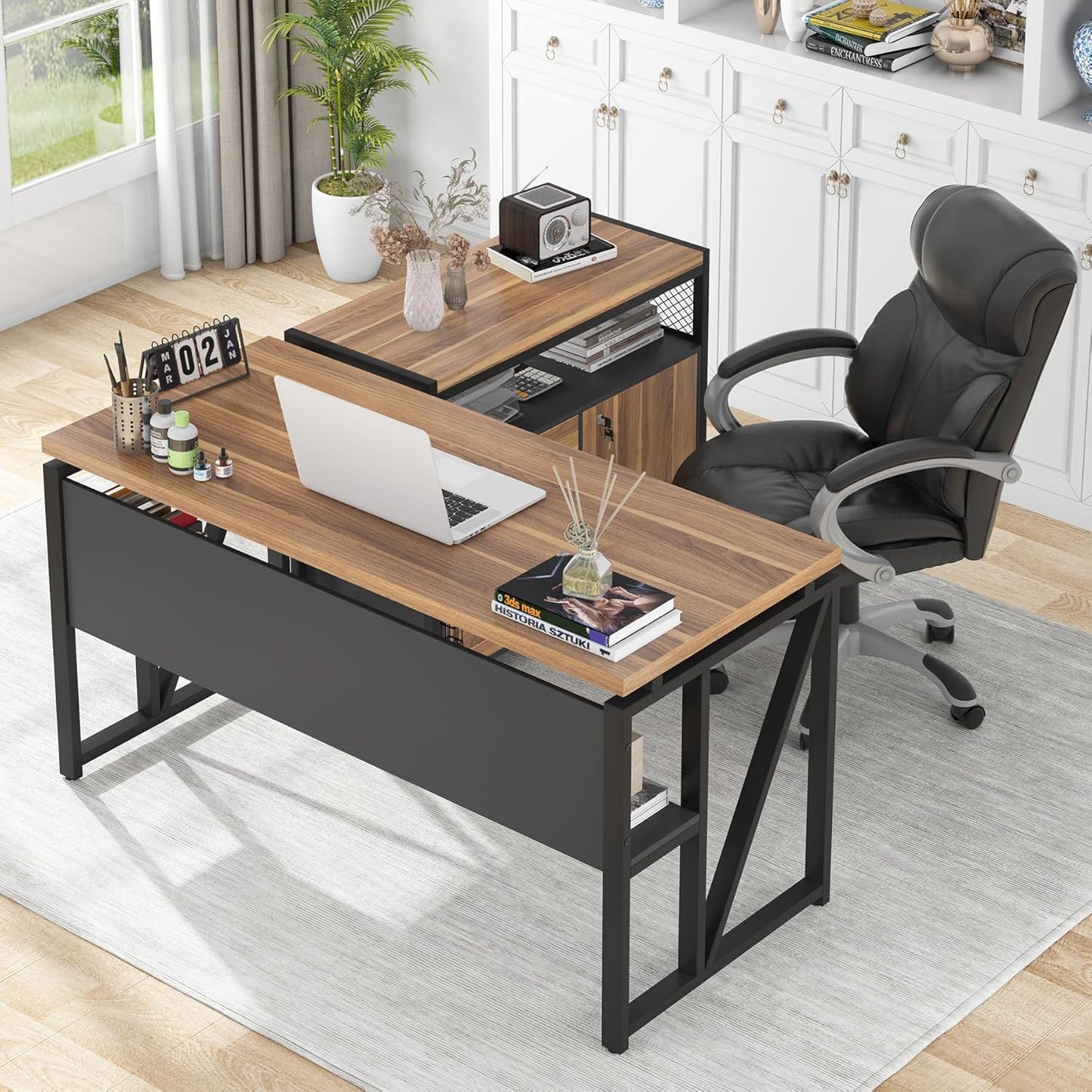 Tribesigns L Shaped Desk with Drawer Cabinet, 63" Executive Computer Desk and lateral File Cabinet, 2 Piece Home Office Furniture with Drawers for Hanging File, Doors with Locks (Gray, 63 inches)