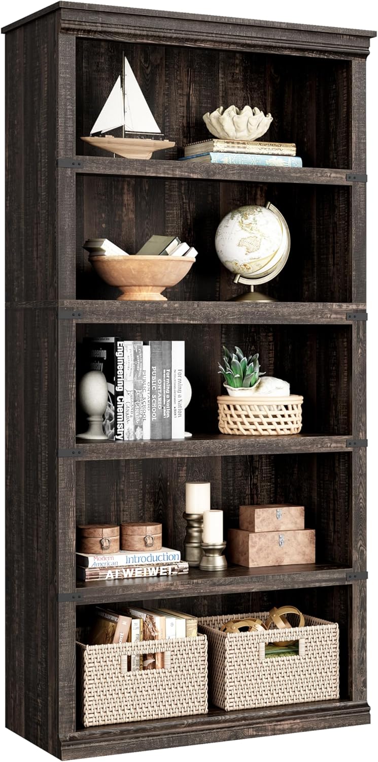 IDEALHOUSE 5 Tier Bookcase, Farmhouse Book Shelf with Storage, 71" Tall Book Case Wooden 5 Shelf Bookcase for Home Office, Living Room, Bed Room (Vintage, 67.4" H x 31.5" W x 12.8" D)